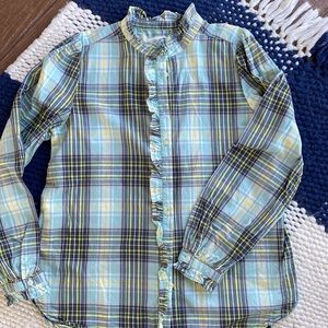 LOFT Ruffle Neck Plaid Blouse Shirt